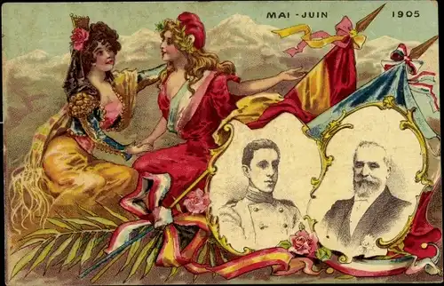 Ak Präsident Émile Loubet und König Alfons XIII., Fahnen, Treffen 1905
