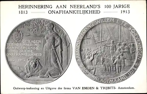Ak 100 Jahre Unabhängigkeit der Niederlande, König Wilhelm I. in Scheveningen, Löwe, Wappen