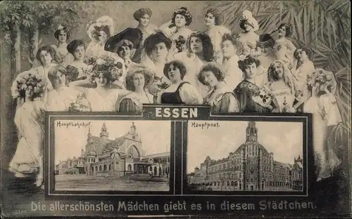 Ak Essen im Ruhrgebiet, Hauptbahnhof, Hauptpost, Frauen-Porträts