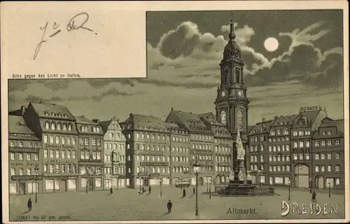 Halt gegen das Licht Mondschein Litho Dresden, Altmarkt