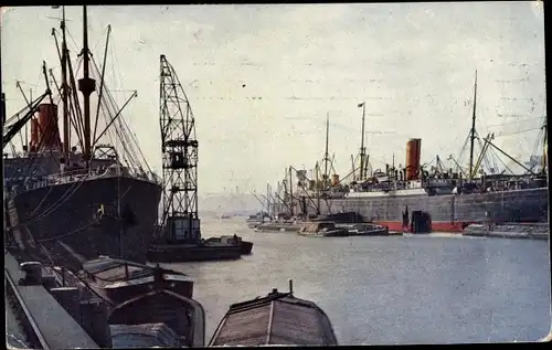 Ak Hamburg, Blick in den Kaiser Wilhelm Hafen, Schiffskran, Dampfer