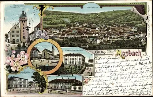 Litho Mosbach am Odenwald Baden, Rathaus, Kriegerdenkmal, Marktplatz, Krankenhaus