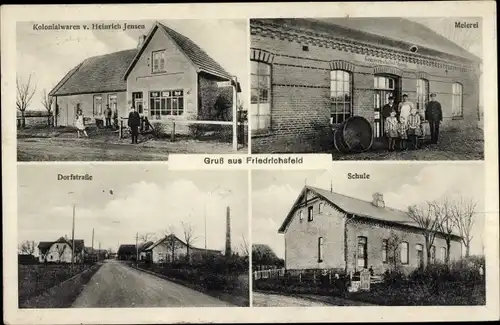 Ak Friedrichsfeld Voerde am Niederrhein, Kolonialwaren Heinrich Jensen, Meierei, Dorfstraße, Schule