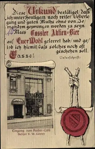 Ak Kassel in Hessen, Kaiser Café, Urkunde