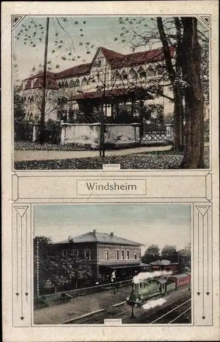 Ak Bad Windsheim in Mittelfranken, Bahnhof, Gleisansicht, Kurhotel