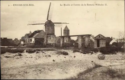 AK Knokke Heist Heyst Knocke am Meer Westflandern, Windmühle, Eingang zur Batterie Wilhelm II.