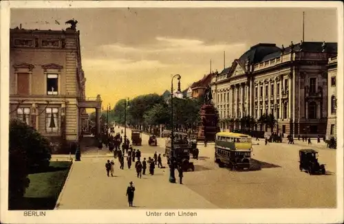 Ak Berlin Mitte, Unter den Linden, Verkehr, Doppeldecker Busse, Reiterdenkmal