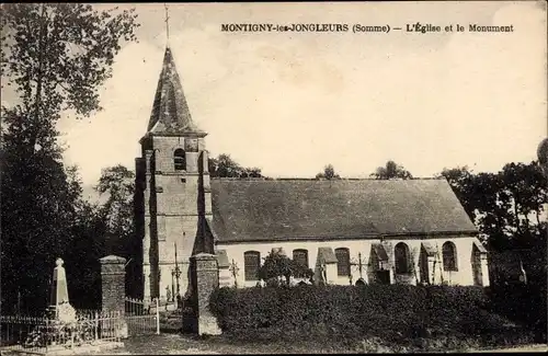 Postkarte Montigny les Jongleurs Somme, Kirche, Denkmal