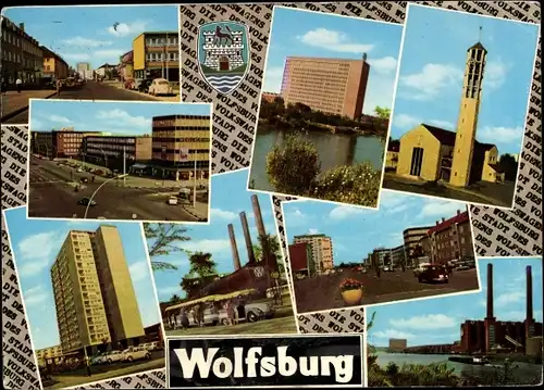 Ak Wolfsburg in Niedersachsen, Wappen, Kirche, VW Werk, Hochhäuser