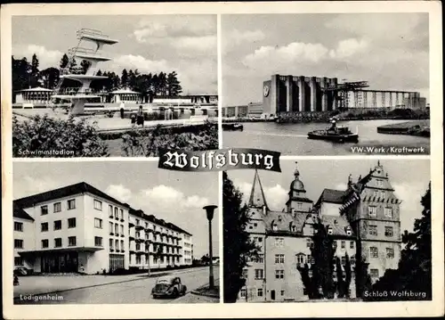 Ak Wolfsburg in Niedersachsen, Schwimmstadion, VW Werk, Kraftwerk, Schloss, Ledigenheim