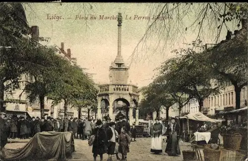 Ak Liège Lüttich Wallonien, Marktplatz, Le Perron Liegois, Markt