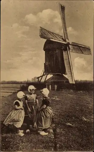 Ak Zeeland Niederlande, Windmühle, Kinder in Tracht