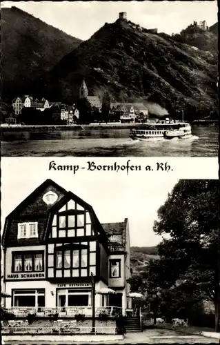 Ak Kamp Bornhofen am Rhein, Haus Schauren, Inh. A. Schauren, Dampfer auf dem Rhein