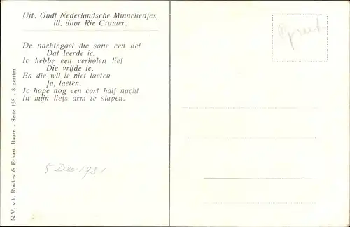 Künstler Ak Cramer, Rie, Nederlandsche Minneliedjes, De Nachtegael di sanc een Liet