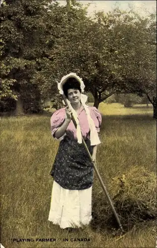 Ak Volkstypen Canada, Frau in Farmerkleidung