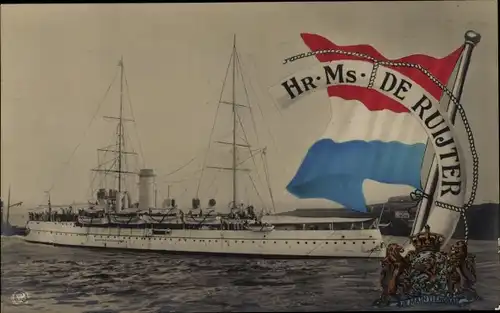 Ak Niederländisches Kriegsschiff, Hr. Ms. De Ruijter, Flagge, Wappen