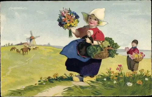 Künstler Ak Baumgarten, Fritz, Niederlande, Kinder in Trachten, Windmühle