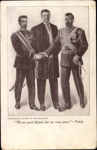 Ak Mikado, Zar Nikolaus II. von Russland, Theodore Roosevelt, Handschlag