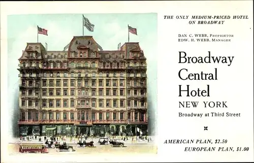 Ak New York City USA, Broadway Central Hotel