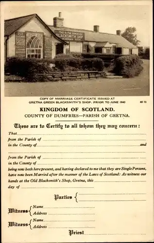 Ak Gretna Green Schottland, Heiratsurkunde, Gretna Green Blackcmith's Shop