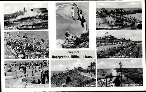 Ak Wilhelmshaven, Kaiser Wilhelm Brücke, Strandhalle, Konzert, Südstrand, Geniusbank, Mole