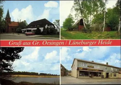 Ak Groß Oesingen in Niedersachsen, Bäckerei Ernst Cordes, Kirche, Teilansichten