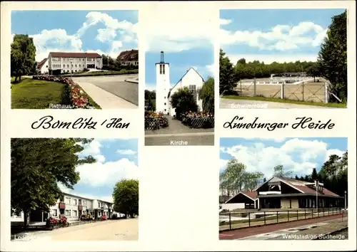 Ak Bomlitz in Niedersachsen, Rathaus, Schwimmbad, Waldstadion Südheide, Kirche, Ledigenheim