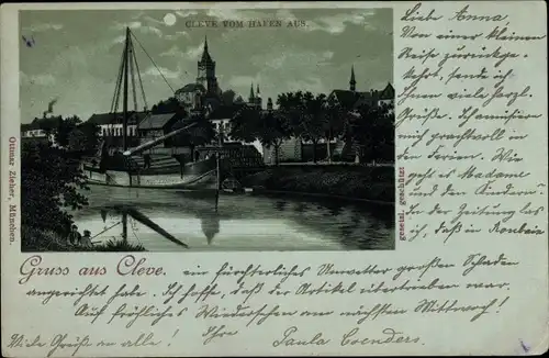 Mondschein Litho Kleve am Niederrhein, Teilansicht, Blick vom Hafen, Lastkahn