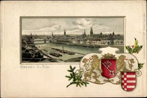 Präge Wappen Passepartout Litho Hansestadt Bremen, Die Weser, Panorama