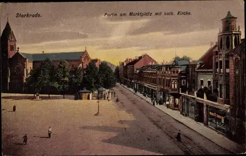 Ak Sterkrade Oberhausen am Rhein, Marktplatz, Katholische Kirche, Dämmerung