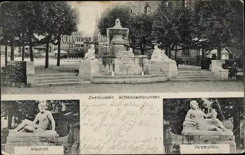 Ak Zweibrücken in der Pfalz, Wittelsbachbrunnen, Westrich, Vorderplatz