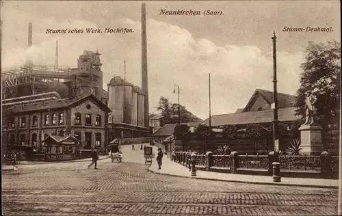 Ak Neunkirchen Saar, Stumm'sches Werk, Hochöfen, Stumm Denkmal