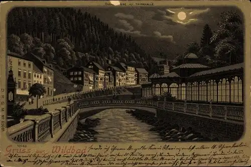 Mondschein Litho Bad Wildbad im Schwarzwald, Trinkhalle