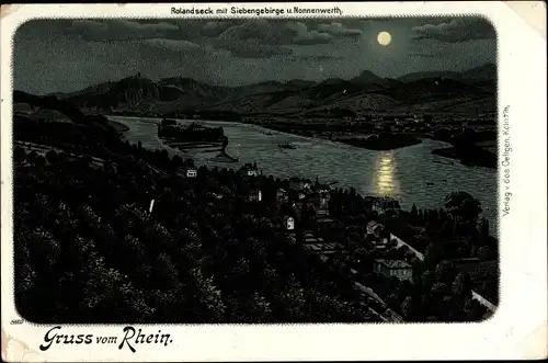 Mondschein Litho Rolandseck Remagen am Rhein, Siebengebirge, Nonnenwerth