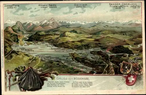 Präge Wappen Landkarten Ak Bodensee, Lindau, Bregenz, Altmann, Säntis, Glärnisch, Berner Oberland
