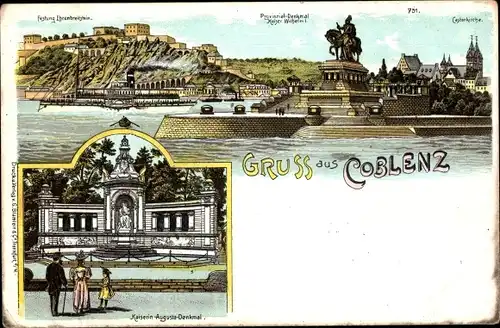 Litho Koblenz am Rhein, Festung Ehrenbreitstein, Kaiserin-Augusta-Denkmal, Deutsches Eck