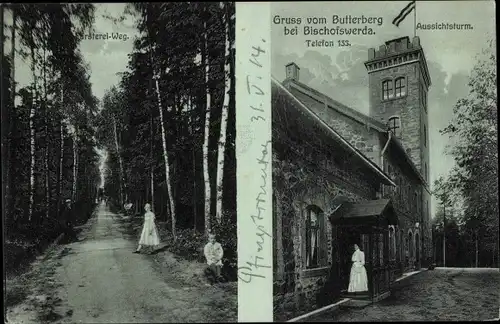 Mondschein Ak Butterberg Bischofswerda in Sachsen, Aussichtsturm, Förstereiweg