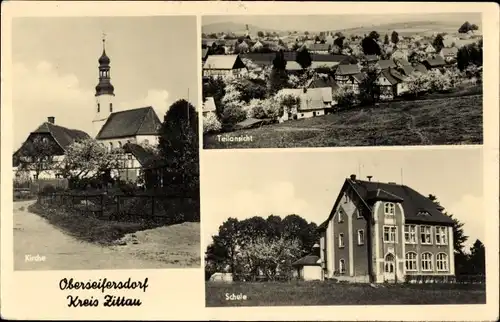 Ak Oberseifersdorf Mittelherwigsdorf Oberlausitz, Kirche, Teilansicht, Schule