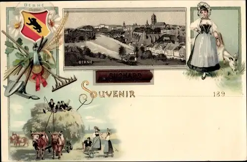 Litho Bern Stadt Schweiz, Stadtpanorama, Frau in Tracht, Heuwagen, Feldarbeiter, Suchard