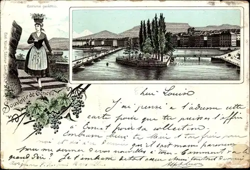 Vorläufer Litho Genève Genf Stadt, Teilansicht der Stadt, Brücke, Costume genevois, Frau in Tracht