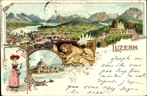 Litho Luzern Stadt Schweiz, Panorama, Frau in Tracht, Bahnhof, Löwe