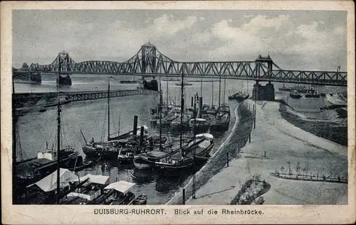 Ak Ruhrort Duisburg im Ruhrgebiet, Rheinbrücke, Anleger, Schiffe