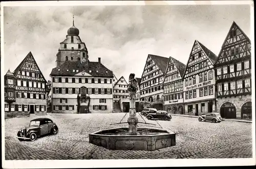 Ak Herrenberg in Württemberg, Marktplatz, Brunnen, VW Käfer, Fachwerkhäuser, Autos