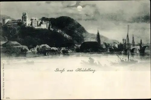 Mondschein Ak Heidelberg am Neckar, Teilansicht, Schloss