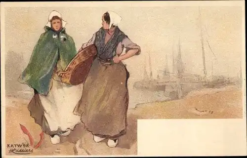 Künstlerin Litho Cassiers, Katwijk aan Zee, Frauen in niederländischen Volkstrachten