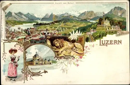 Litho Luzern Stadt Schweiz, Gesamtansicht, Blick vom Gütsch, Bahnhof