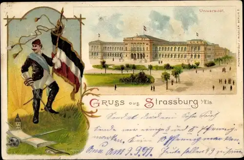 Studentika Litho Strasbourg Straßburg Elsass Bas Rhin, Universität, Degen, Pfeife, Bierkrug