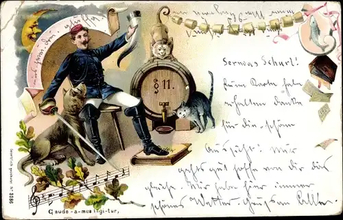 Studentika Litho Gaudeamus igitur, Student mit Schläger, Trinkhorn