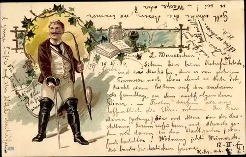 Studentika Litho Student mit Schläger, Reservistenpfeife