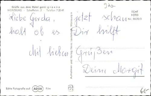 Ak Würzburg am Main Unterfranken, Hotel Groene, Scheffelstr. 2